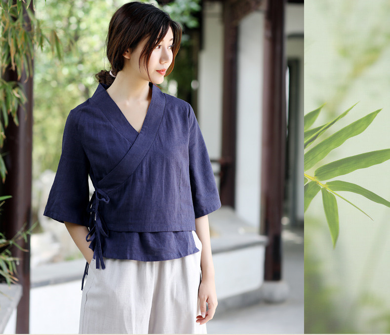 中式復(fù)古茶服漢元素交領(lǐng)女夏上衣