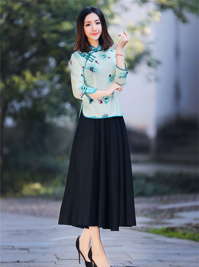 春秋裝中式唐裝女印花長袖