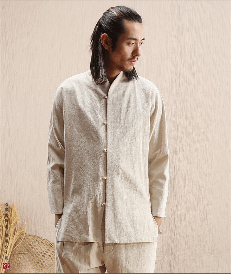 文藝范中式長袖棉麻白襯衫唐裝男
