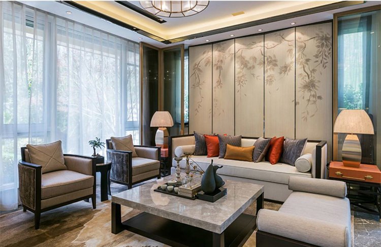 現(xiàn)代新中式樣板房沙發(fā)，簡約布藝沙發(fā)