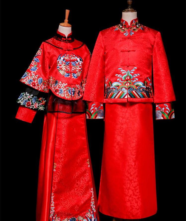 中國古典元素刺繡新娘禮服，敬酒服長袖春裝