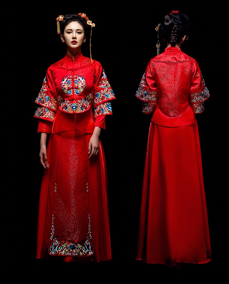 中國古典元素刺繡新娘禮服，敬酒服長袖春裝