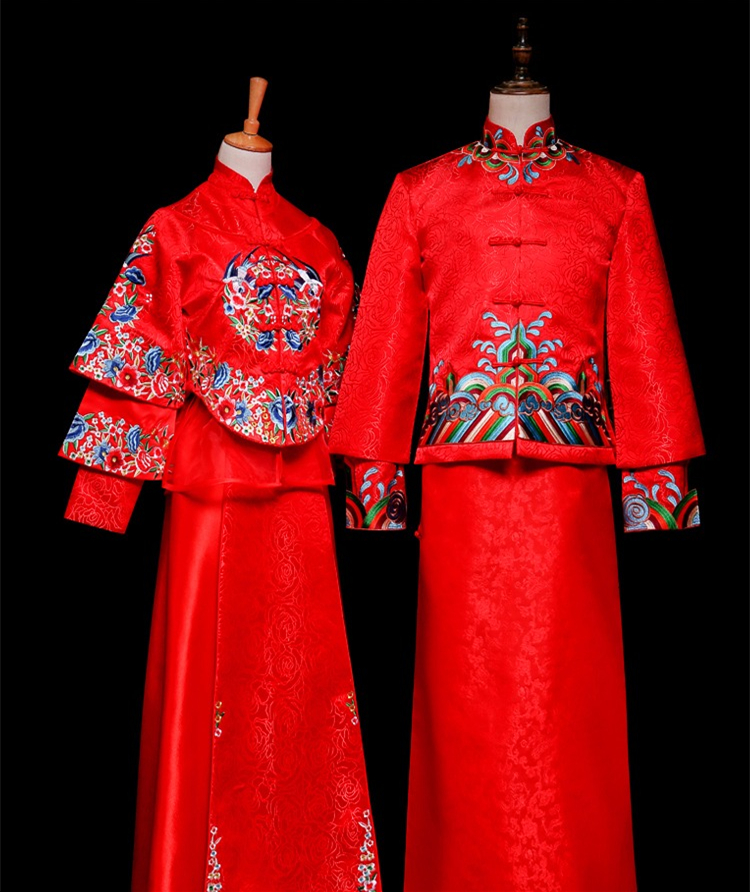 中國古典元素刺繡新娘禮服，敬酒服長袖春裝