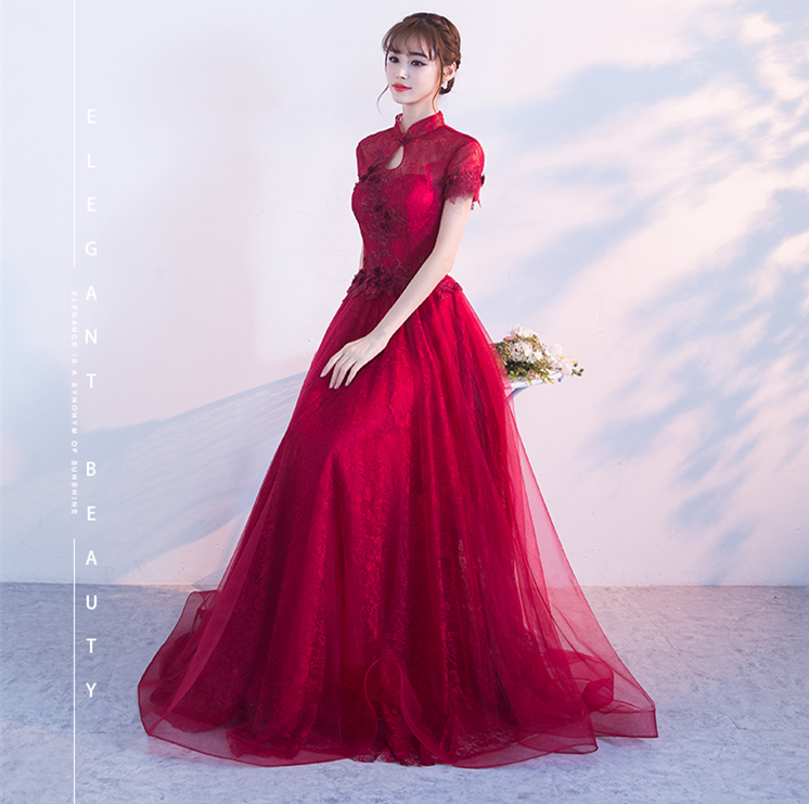 中式立領(lǐng)修身長(zhǎng)款禮服，新娘敬酒服