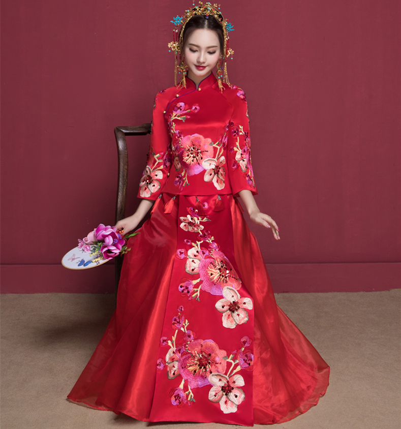 花開富貴中式新娘禮服，蘇繡桃花中袖敬酒服