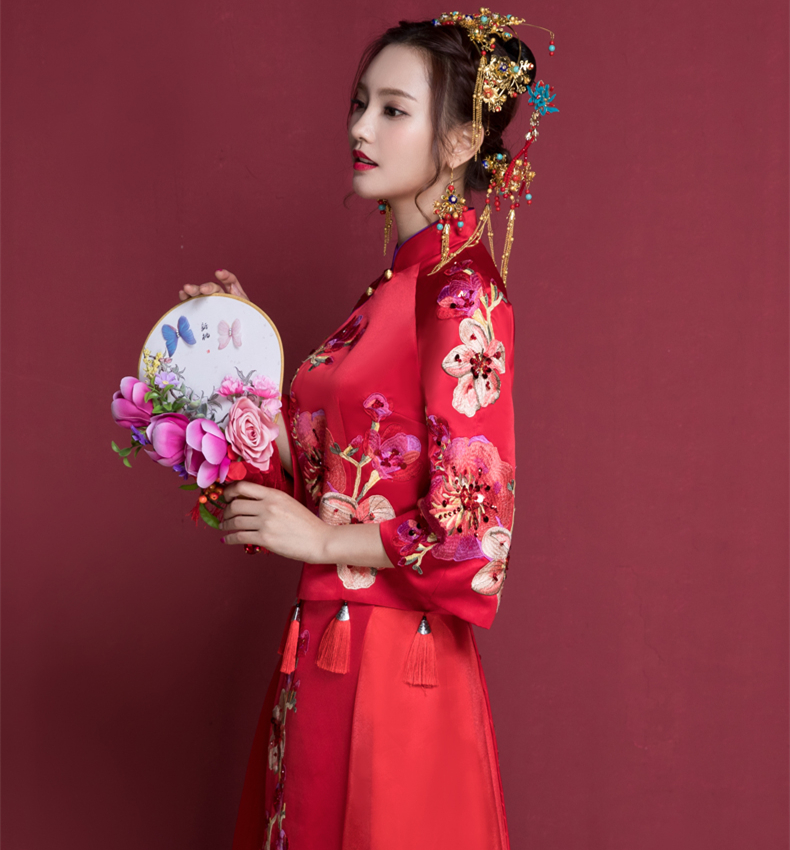 花開富貴中式新娘禮服，蘇繡桃花中袖敬酒服
