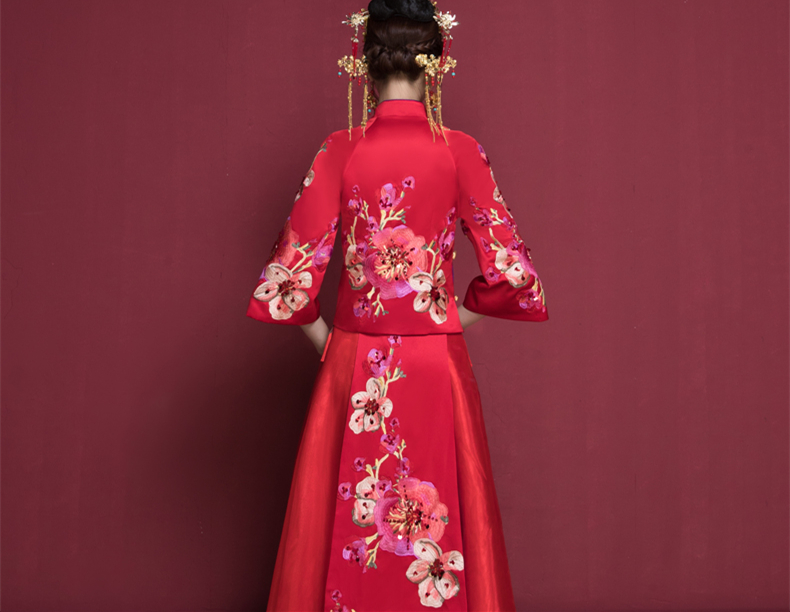 花開富貴中式新娘禮服，蘇繡桃花中袖敬酒服