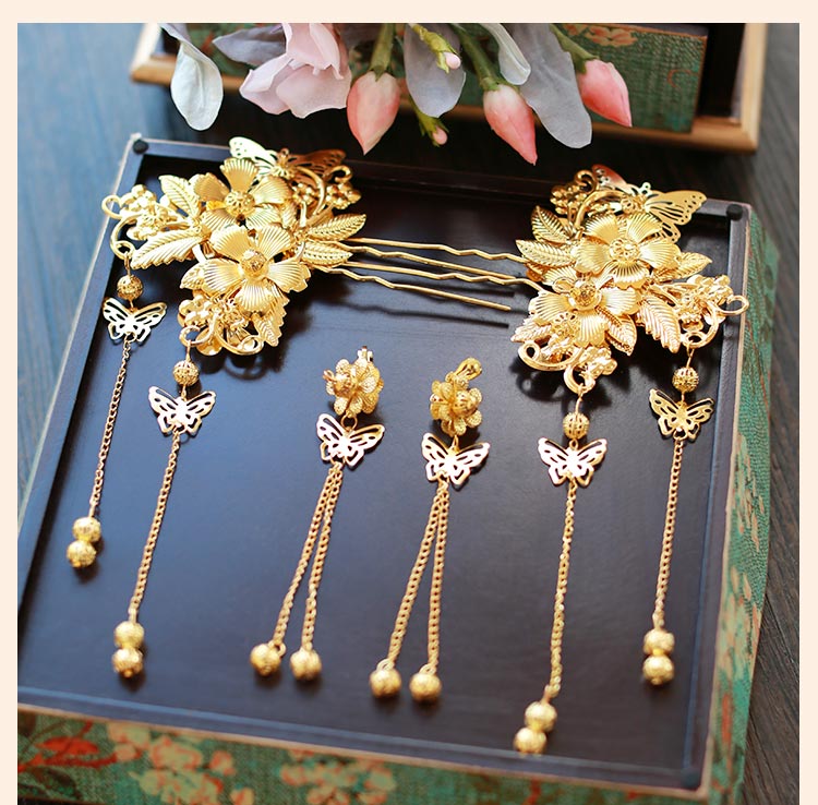 中式新娘精美頭飾，金色發(fā)飾套裝步搖鳳冠