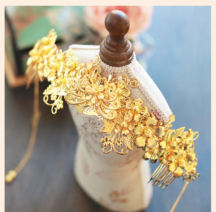 中式新娘精美頭飾，金色發(fā)飾套裝步搖鳳冠