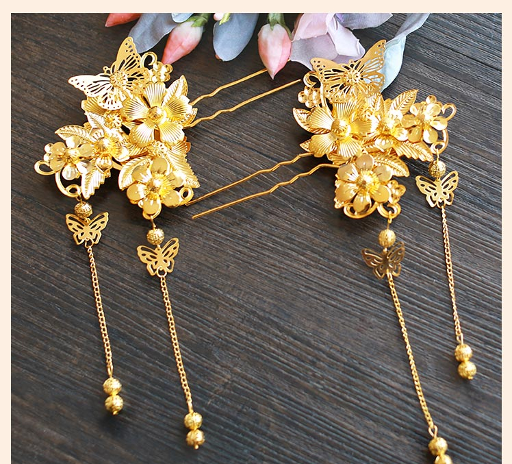 中式新娘精美頭飾，金色發(fā)飾套裝步搖鳳冠