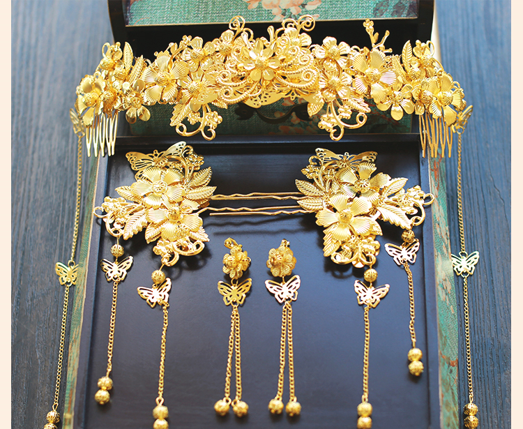 中式新娘精美頭飾，金色發(fā)飾套裝步搖鳳冠