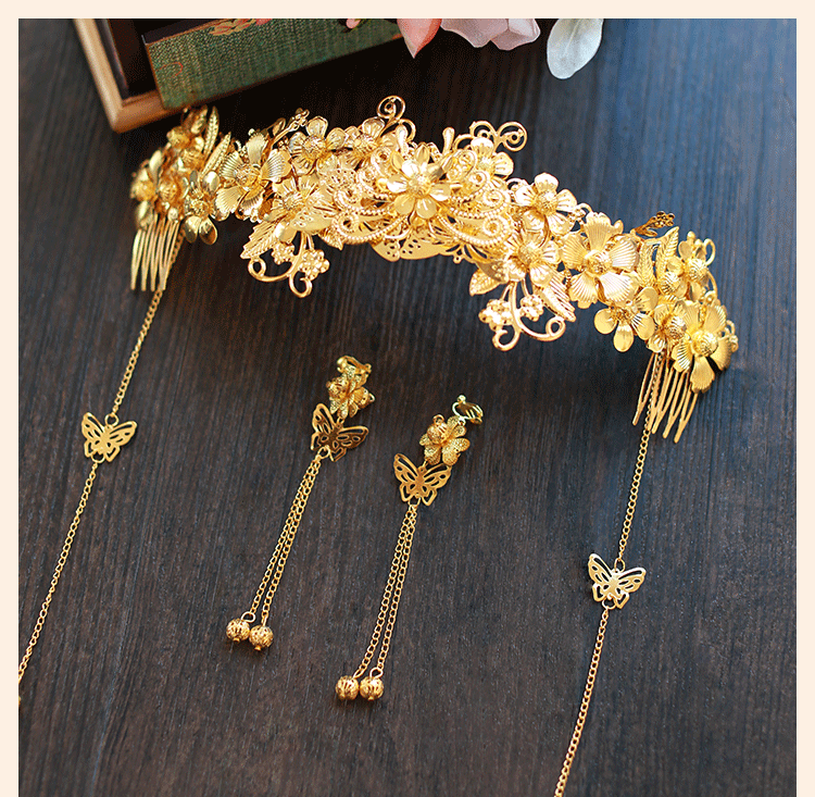 中式新娘精美頭飾，金色發(fā)飾套裝步搖鳳冠