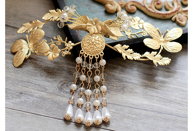 金色復(fù)古宮廷頭飾，古典蝴蝶流蘇額飾
