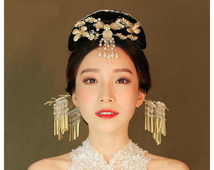 金色復(fù)古宮廷頭飾，古典蝴蝶流蘇額飾