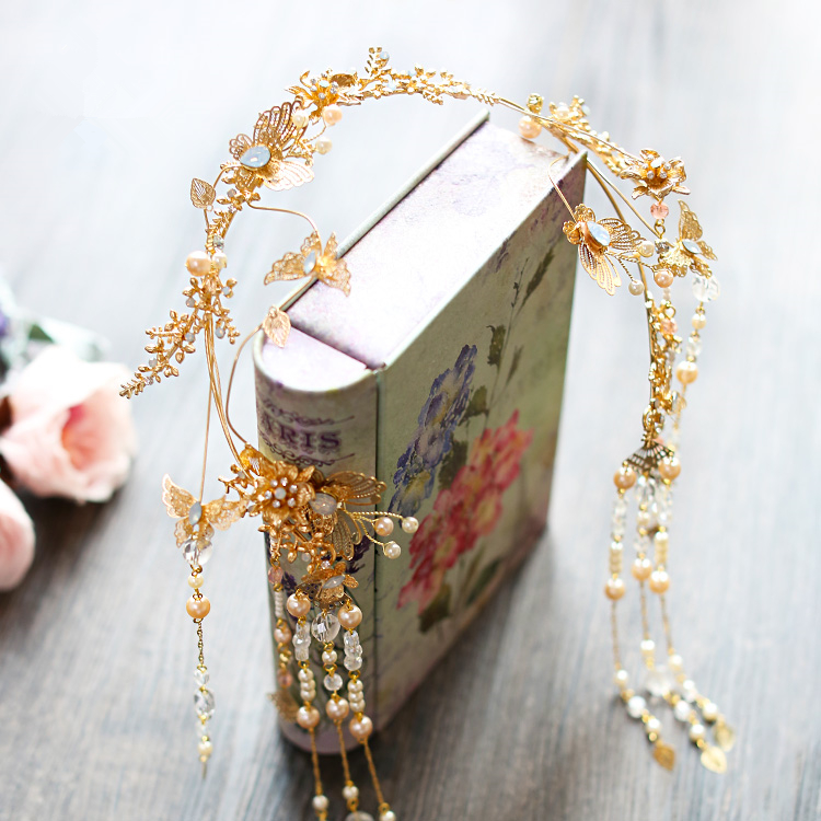 古裝頭飾金色流蘇，原創(chuàng)鳳冠發(fā)箍