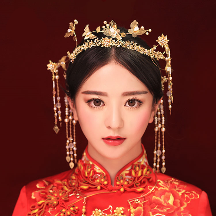 古裝頭飾金色流蘇，原創(chuàng)鳳冠發(fā)箍