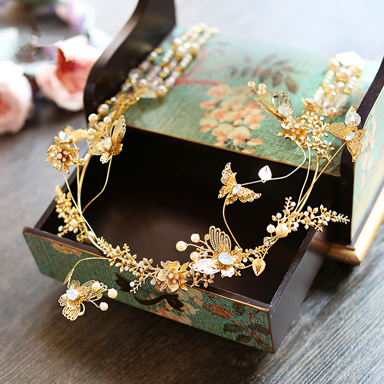 古裝頭飾金色流蘇，原創(chuàng)鳳冠發(fā)箍