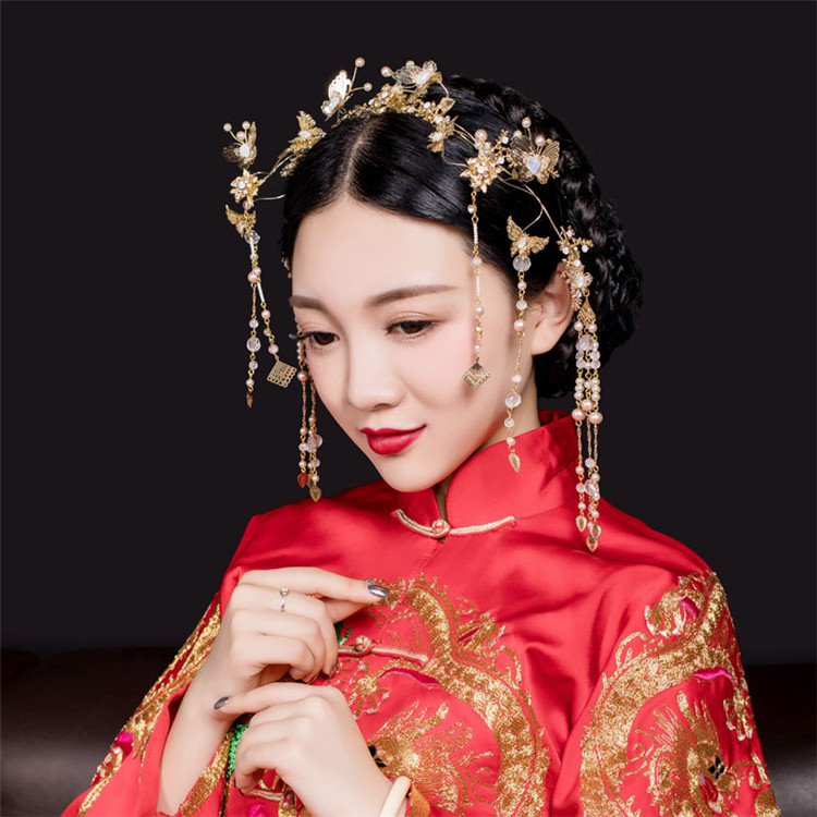 古裝頭飾金色流蘇，原創(chuàng)鳳冠發(fā)箍