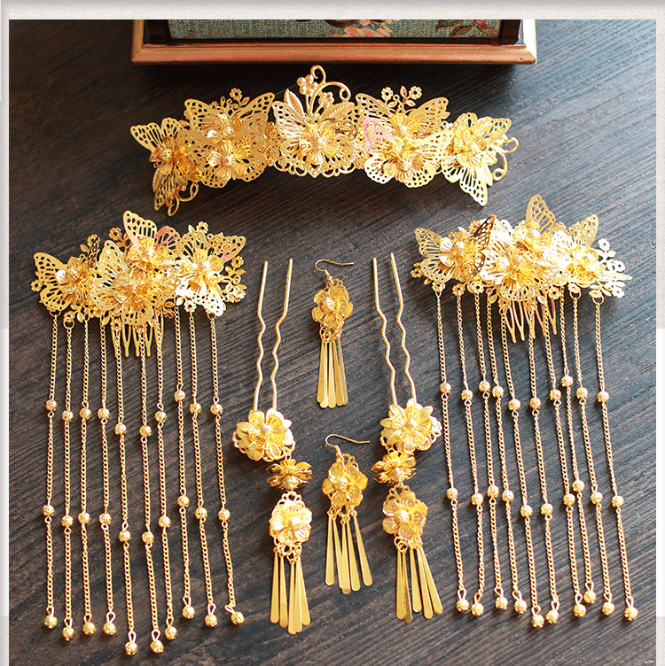 女子金色流蘇古風頭飾，鳳冠配飾品