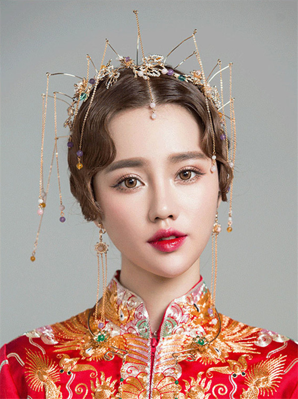 中式古典純手工發(fā)飾，婚禮頭飾蝴蝶彩珠