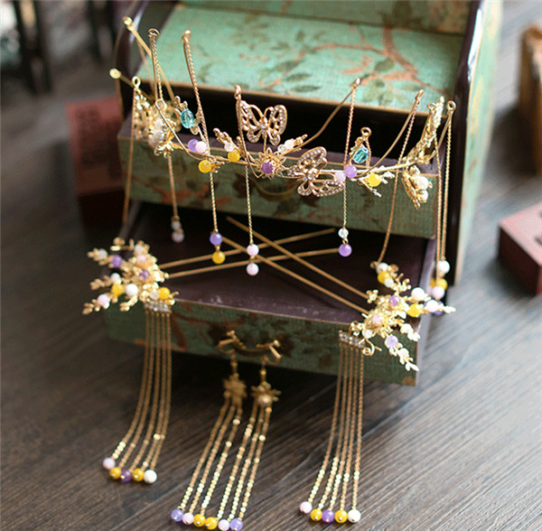 中式古典純手工發(fā)飾，婚禮頭飾蝴蝶彩珠