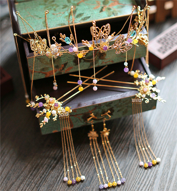 中式古典純手工發(fā)飾，婚禮頭飾蝴蝶彩珠