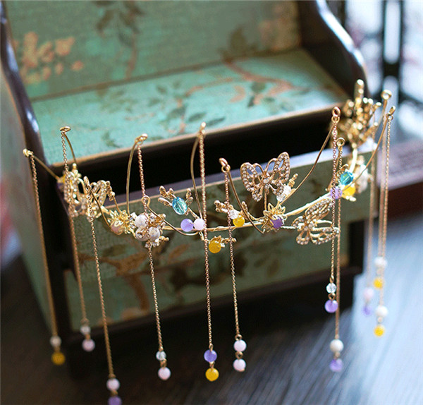 中式古典純手工發(fā)飾，婚禮頭飾蝴蝶彩珠