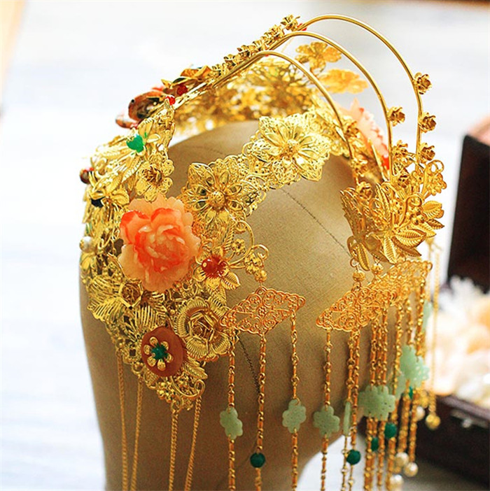 新娘古裝頭飾翠霞，中式婚禮發(fā)飾