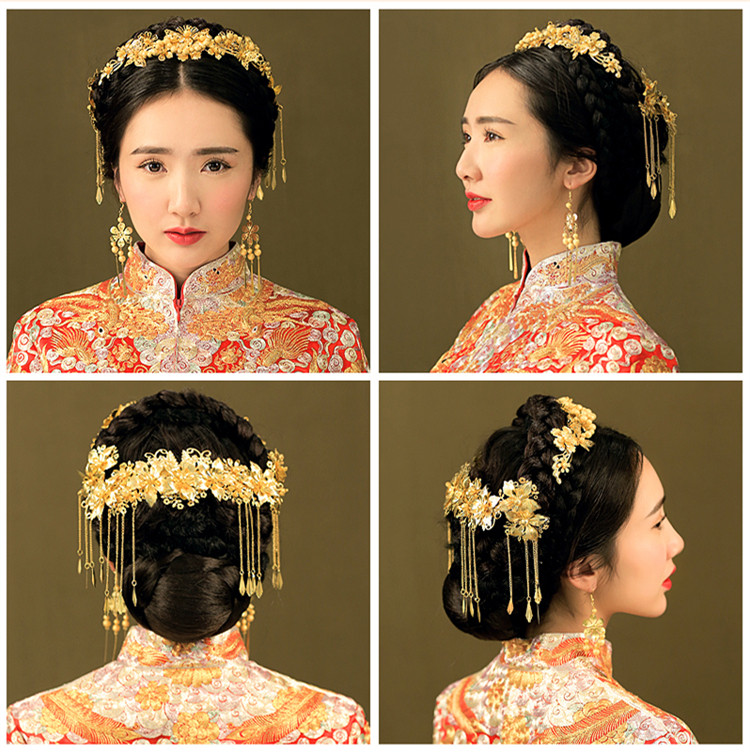 中式新娘步搖頭飾，金色古裝發(fā)飾套裝