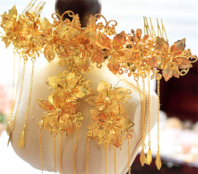 中式新娘步搖頭飾，金色古裝發(fā)飾套裝