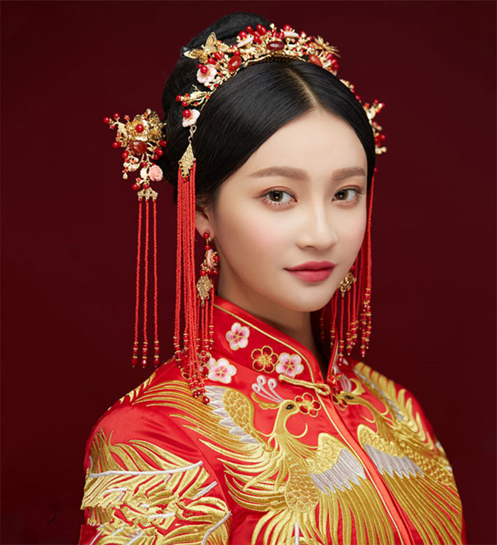 金底紅古風(fēng)頭飾，復(fù)古貝殼花流蘇發(fā)簪