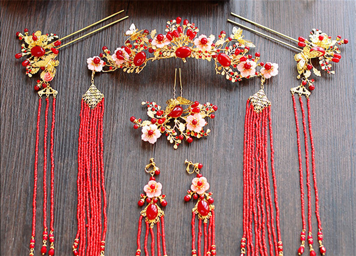 金底紅古風(fēng)頭飾，復(fù)古貝殼花流蘇發(fā)簪