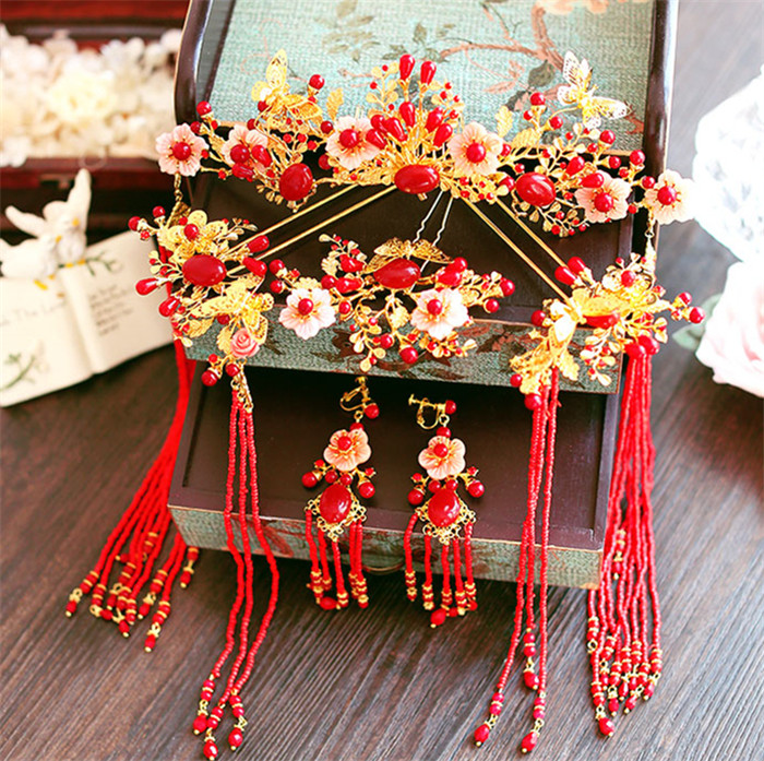 金底紅古風(fēng)頭飾，復(fù)古貝殼花流蘇發(fā)簪