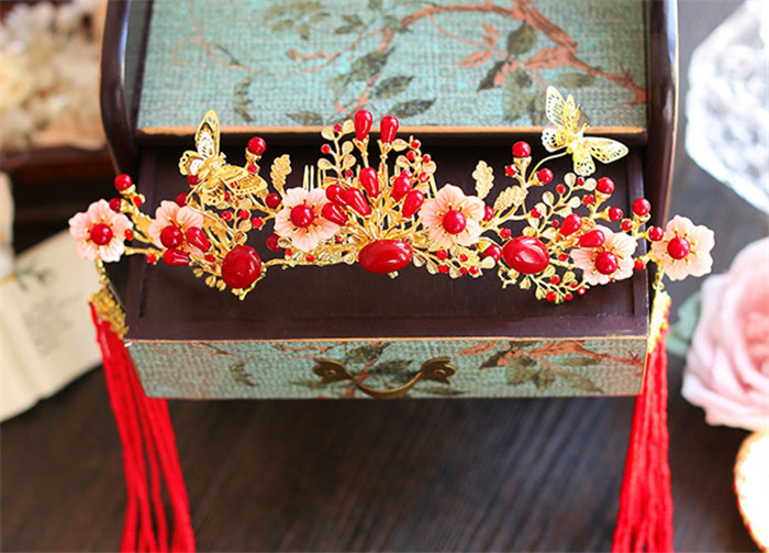 金底紅古風(fēng)頭飾，復(fù)古貝殼花流蘇發(fā)簪