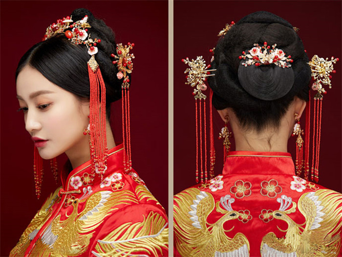 金底紅古風(fēng)頭飾，復(fù)古貝殼花流蘇發(fā)簪