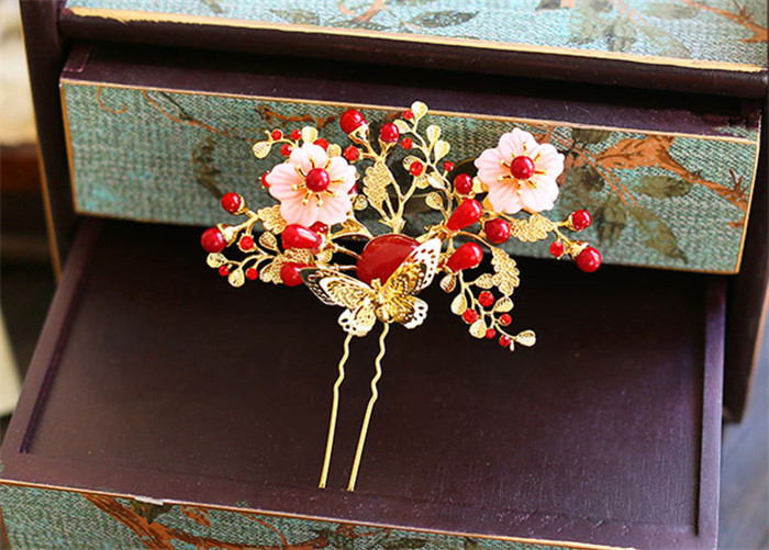 金底紅古風(fēng)頭飾，復(fù)古貝殼花流蘇發(fā)簪