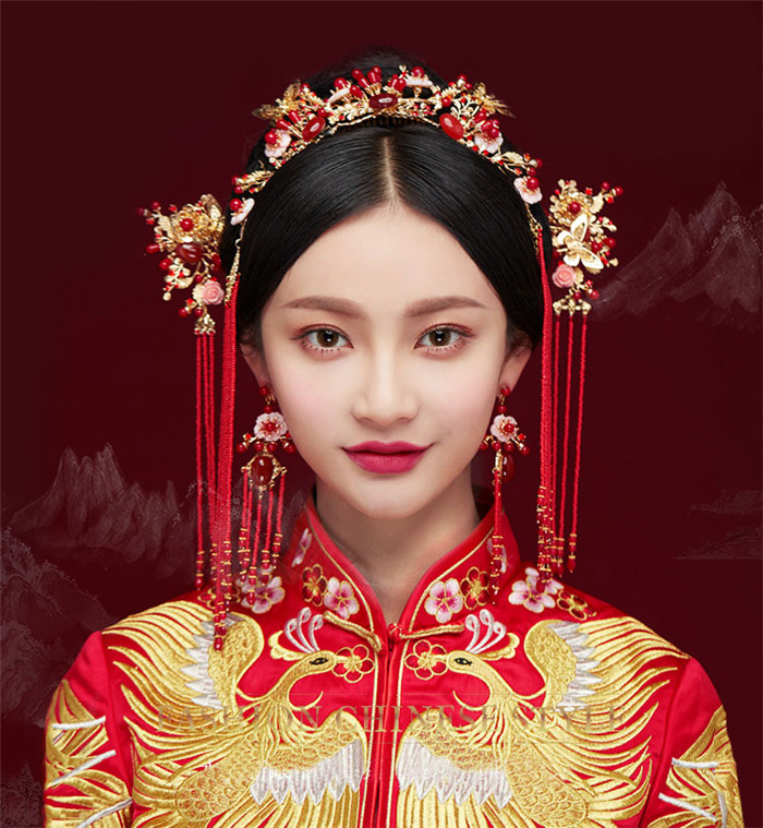 金底紅古風(fēng)頭飾，復(fù)古貝殼花流蘇發(fā)簪