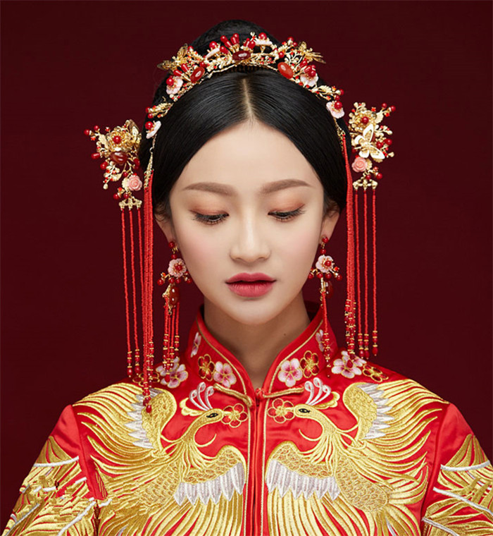 金底紅古風(fēng)頭飾，復(fù)古貝殼花流蘇發(fā)簪