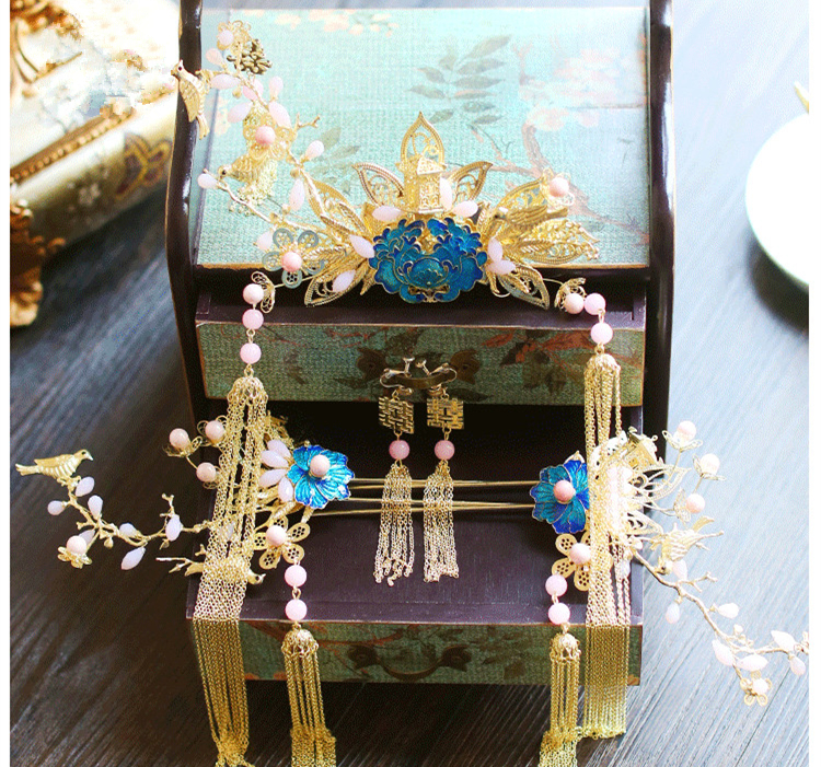 純手工精致金色流蘇發(fā)簪，新娘古風頭飾