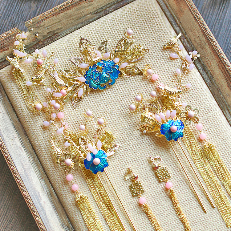 純手工精致金色流蘇發(fā)簪，新娘古風頭飾