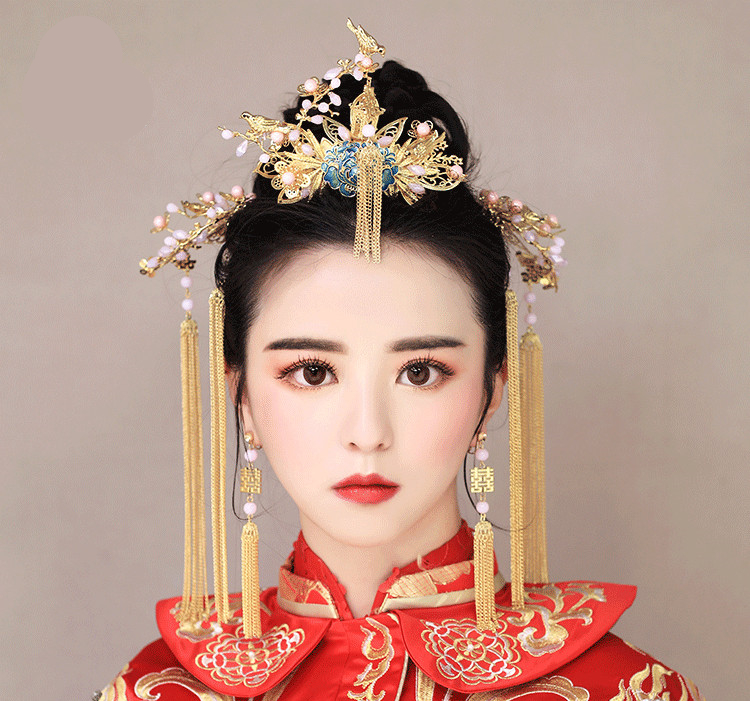 純手工精致金色流蘇發(fā)簪，新娘古風頭飾