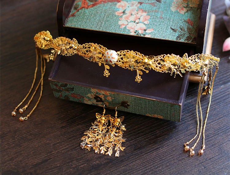 金色四件套古裝頭飾，古典韻味發(fā)飾