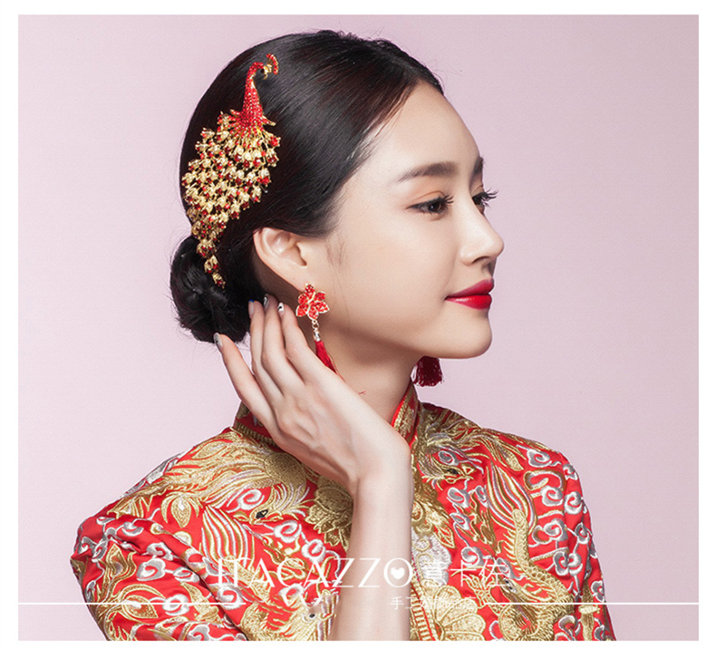 金色中式新娘鳳凰頭飾，盤發(fā)插梳敬酒服發(fā)飾