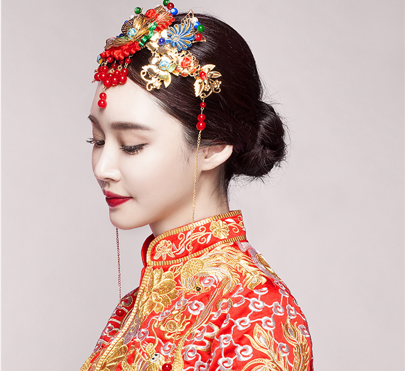 五彩金片花朵紅珠頭飾，新娘精美發(fā)飾