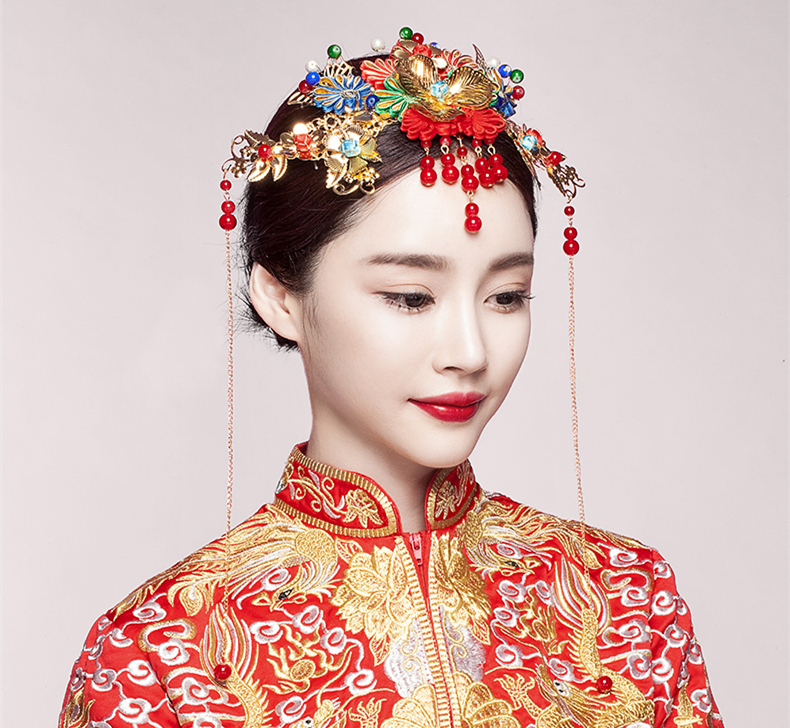 五彩金片花朵紅珠頭飾，新娘精美發(fā)飾