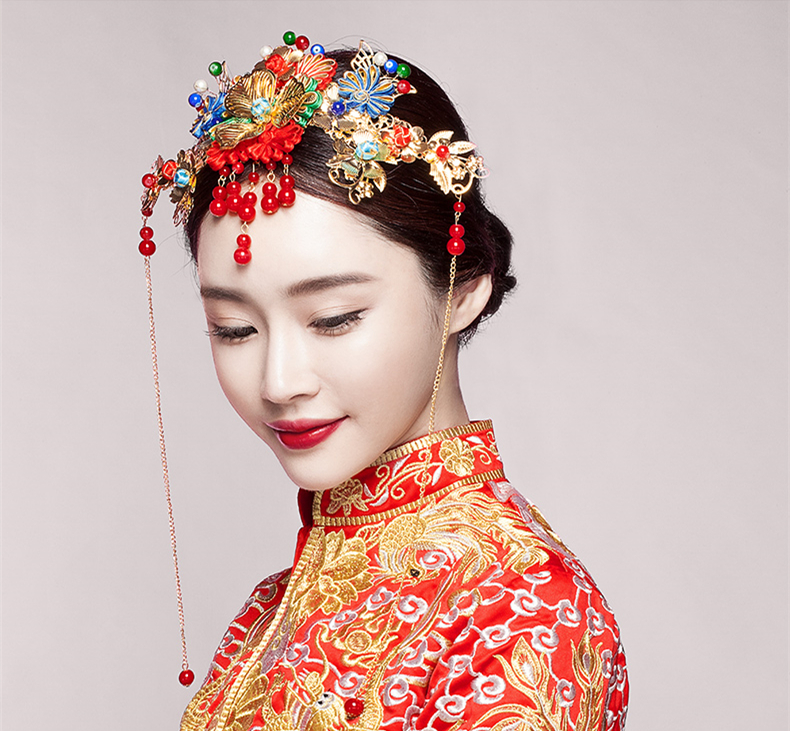 五彩金片花朵紅珠頭飾，新娘精美發(fā)飾
