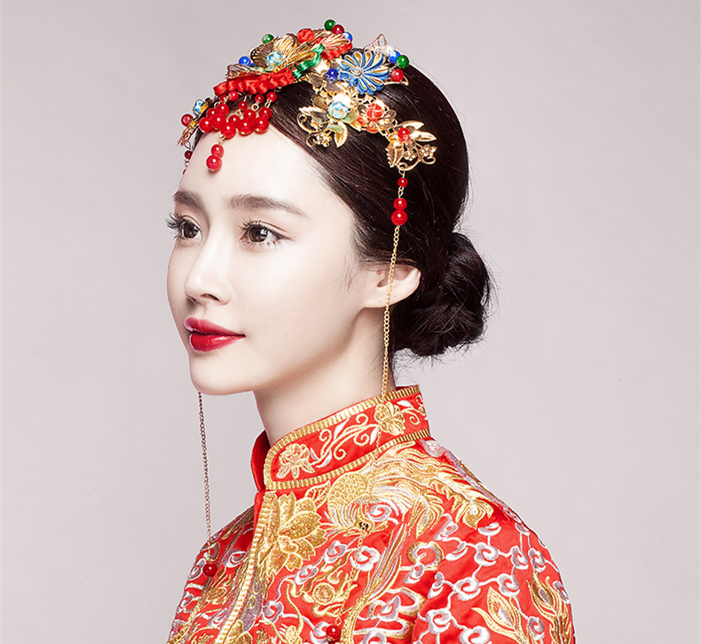 五彩金片花朵紅珠頭飾，新娘精美發(fā)飾