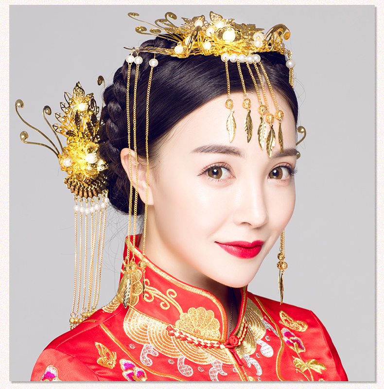 步搖古典造型新娘頭飾，金色花枝高貴發(fā)飾