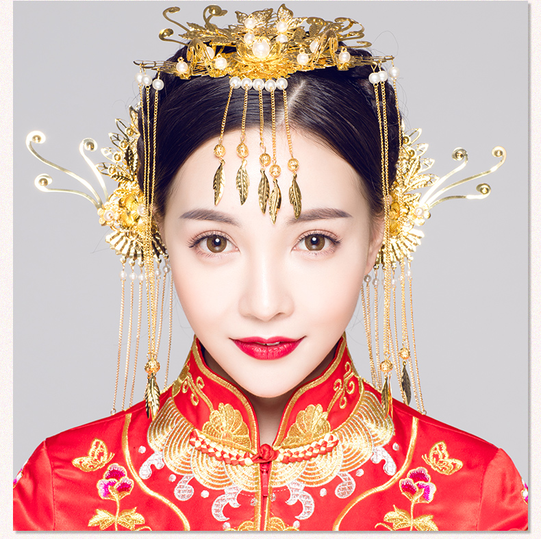 步搖古典造型新娘頭飾，金色花枝高貴發(fā)飾