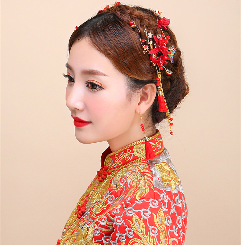 紅色頭飾邊夾耳鉤套裝，2017新款新娘配色